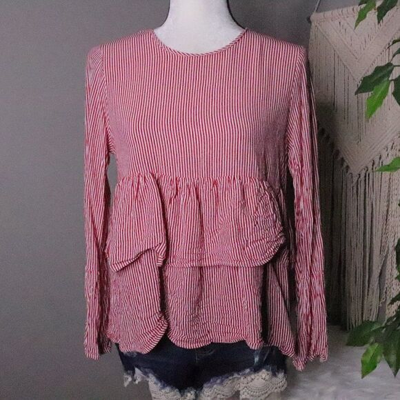 Zara | Pinstriped Ruffled Long Sleeve Top Medium - Picture 2 of 7